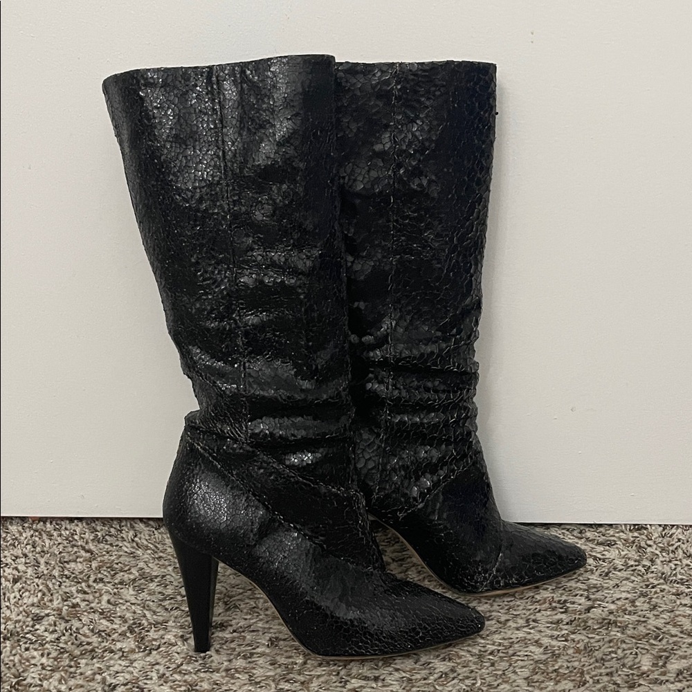 IRO PARIS Black Crackle Leather High Heel Slouchy Boots Size 39 US 8.5